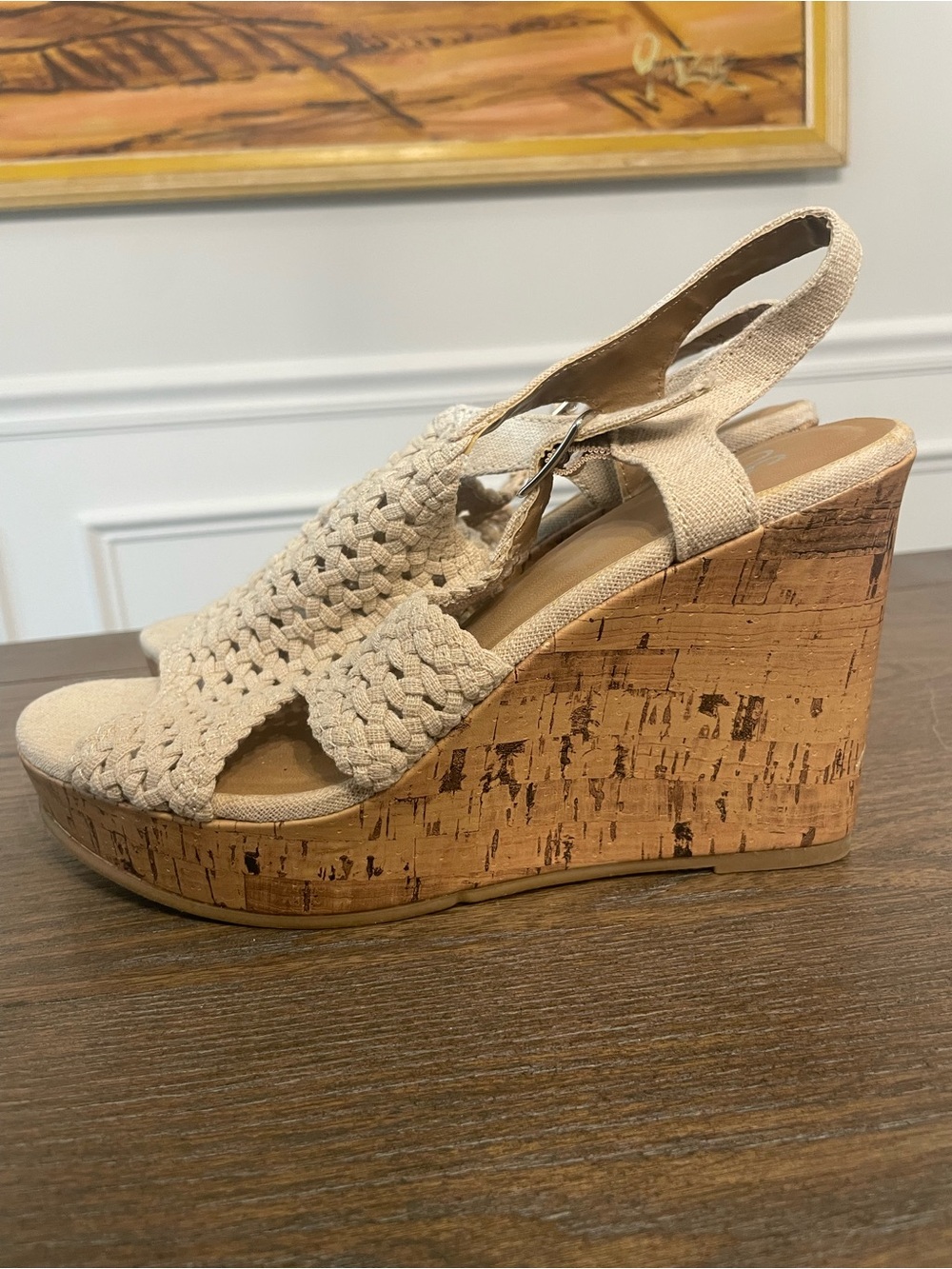 SO Beige Woven Slingback Cork Wedge Sandals